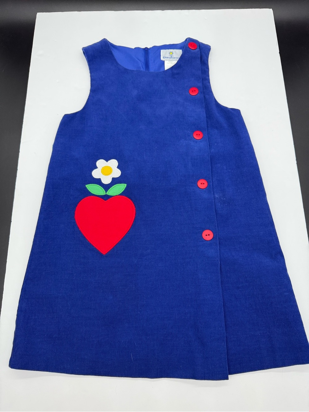 Florence Eiseman Royal Blue Girls Dress Sunflower Heart Patch Vintage Size 6